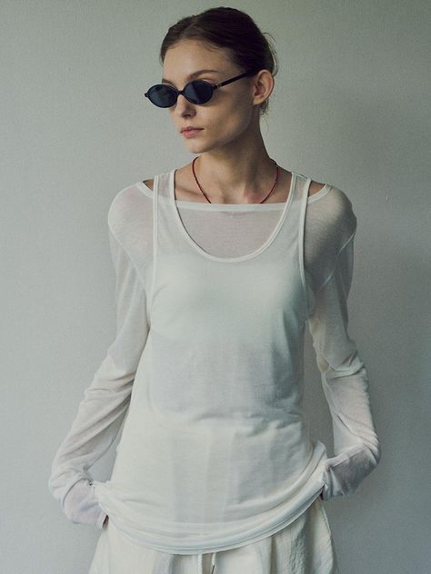 Designer fashion, Seoul-fully created | W Concept Sheer White Top Outfit Long Sleeve, Layer Sheer Top, White Layered Outfit, Boat Outfit Women, Zara Styling, Feeling Overwhelming, Sheer Top Outfit, Longsleeves Outfit, Transparent Outfit