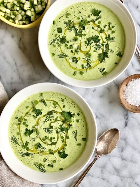 bowls of cucumber soup with spoon and salt Roasted Shishito Peppers, Cucumber Soup, Herb Soup, Ideal Protein Recipes, Cucumber Yogurt, Ideal Protein, Cold Soup, Refreshing Food, Persian Style