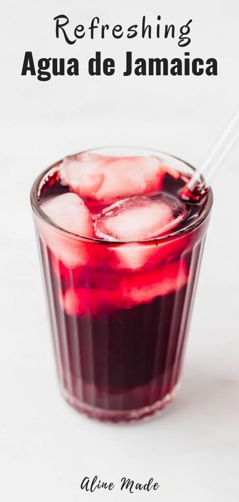 Agua de Jamaica is a traditional Mexican drink made with dried hibiscus flowers. It’s typically served over ice and therefore perfect for the summer.. #agua #dejamaica #recipe #hibiscus #icedtea #drinks #mexican #fresca #mexicanas #jamaica Jamaica Drink, Homemade Summer Drinks, Hibiscus Iced Tea, Hibiscus Drink, Virgin Drinks, Jamaica Food, Dried Hibiscus Flowers, Mexican Drinks, Homemade Muesli