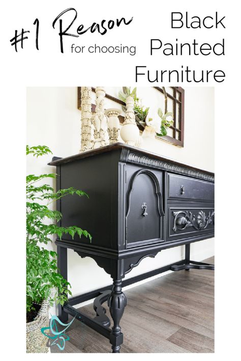 Black Painted Furniture With Decals, Glossy Black Painted Furniture, Black Painted Antique Furniture, Painted Furniture Black, Painted Black Furniture Ideas, Antique Black Furniture, Vintage Black Furniture, Best Black Furniture Paint, Black Refinished Furniture