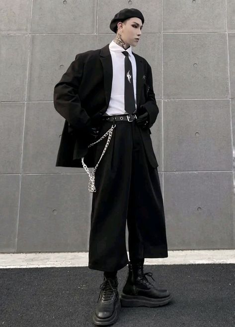 Street Punk Fashion Men, Techno Wear Men, Formal Goth Outfits Men, Korean Street Style Men, Techno Outfit Men, Street Punk Fashion, Korean Street Fashion Mens, Goth Outfits Men, Punk Fashion Men