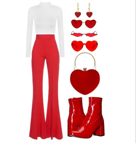 70s Valentines Day Outfit, Heart Shaped Outfit, Red Heart Sunglasses Outfit, Red And White Concert Outfit, Pretty Red Outfits, Red Heart Bag Outfit, Valintens Outfits, Pink And Red Outfit Aesthetic, Valentine Inspired Outfits