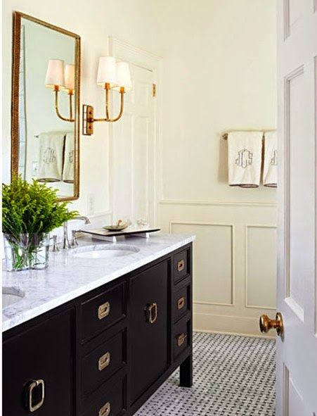 Carrara marble counter with dark espresso vanity and creamy/ light yellow walls. Visit globalgranite.com for your natural stone needs. Masculine Bathroom Decor, Masculine Bathroom, Bad Inspiration, Black Vanity, Black And White Tiles, Subway Tiles, Bathroom Redo, Black Cabinets, Bathroom Renos