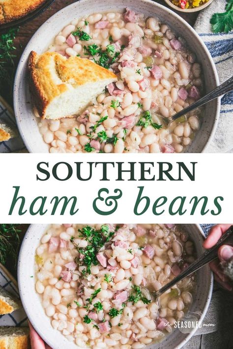 Simple, hearty, and flavorful, ham and beans is a traditional meal that’s been enjoyed throughout the south and Appalachia for generations. The smoky Great Northern beans are delicious alongside a skillet of cornbread, a pot of greens, or a crisp salad. Southern Ham, Quick Soak Beans, Ham Hocks And Beans, Pinto Bean Soup, Smoked Turkey Wings, Crisp Salad, Leftover Ham Recipes, Soup Beans, Ham And Beans