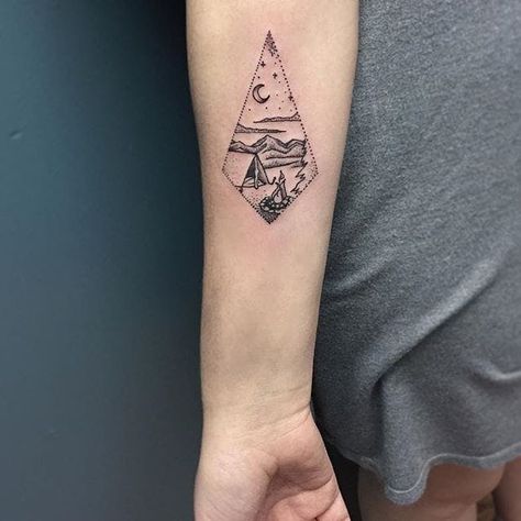 Tattoo uploaded by Robert Davies | Campsite Tattoo by Shanna Keyes #campsite #blackwork #dotwork #fineblackwork #blackworkartist #blackink #ShannaKeyes | 266878 | Tattoodo Campsite Tattoo, Book Tattoo, Blackwork, Artist Studio, Triangle Tattoo, Geometric Tattoo, Tatting, Tattoos