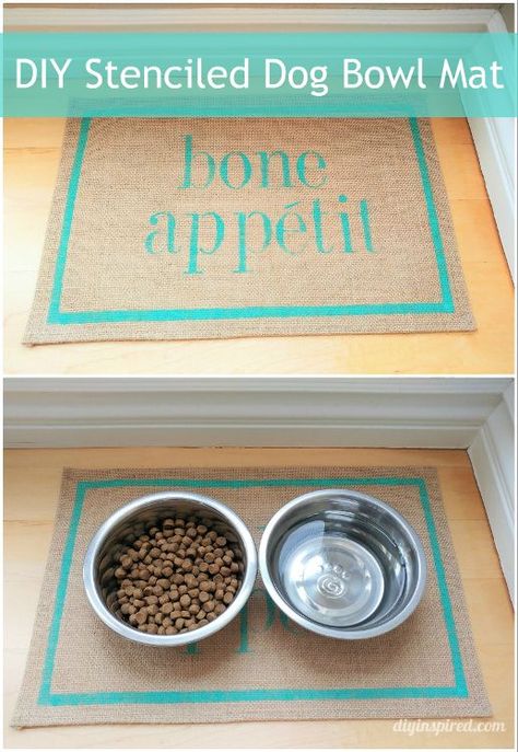 stenciled dog bowl mat Diy Dog Feeder, Pet Diy Ideas, Diy Dog Bowl, Craft Home Decor Ideas, Floors Ideas, Bone Appetit, Sustainable Homestead, Dogs Diy Projects, Dog Bowl Mat