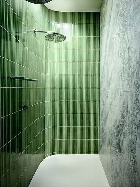 Summer Showers — Beth Lindsey Blog #bathroom #interiordesign #homedecorating #decor #bathroomideas #showertile #bathroomdesign #shower Cool Bathrooms, Japanese Tile, Tiled Bathroom, Small Bathroom With Shower, Curved Wall, Cheap Bathroom, Bathroom Design Trends, Green Flooring, Curved Walls