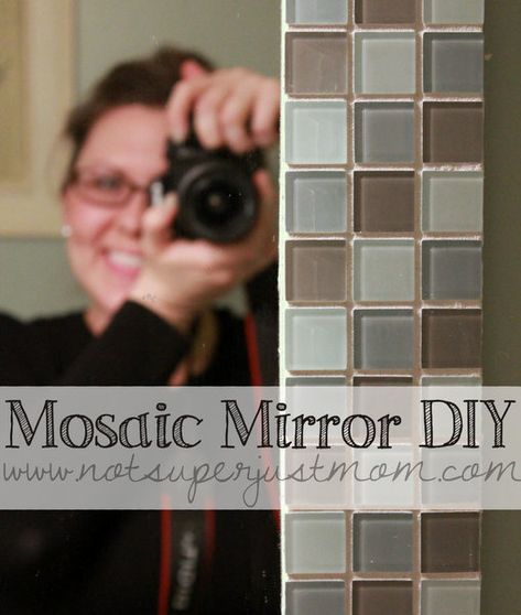 Do It Herself: How to Mosaic Tile A Mirror - Caffeine and Cabernet Tile Mirror Frame Diy, Bathroom Mirror Frame Tile, Lighting Ideas Bathroom, Diy Tiling, Tile Mirror Frame, Cheap Mirror, Bathroom Mosaic, Tile Border, Tiled Bathroom