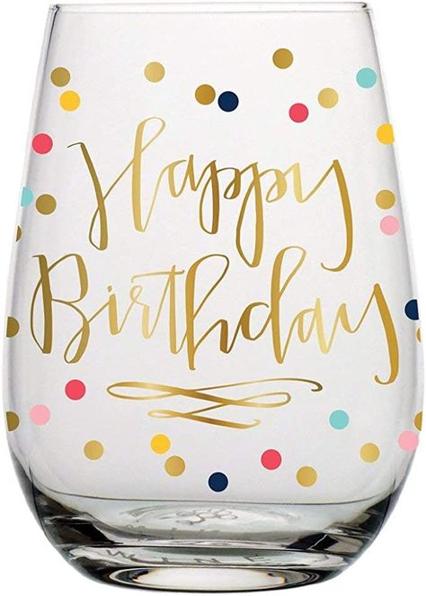 STEMLESS GLASS CUP: Vibrant wine glass for cocktails and wine tastings with fun statement 20-OUNCE GLASS: 3.5 x 5-inches GOLD SCRIPT: Reads, "Happy Birthday" on clear glass with multi-color polka dot confetti Happy Birthday Cocktail, Birthday Cocktails, Birthday Wine Glass, Birthday Wine, Painted Wine Glasses, Employee Gifts, Glass Gifts, Friend Birthday Gifts, Birthday Gifts For Women