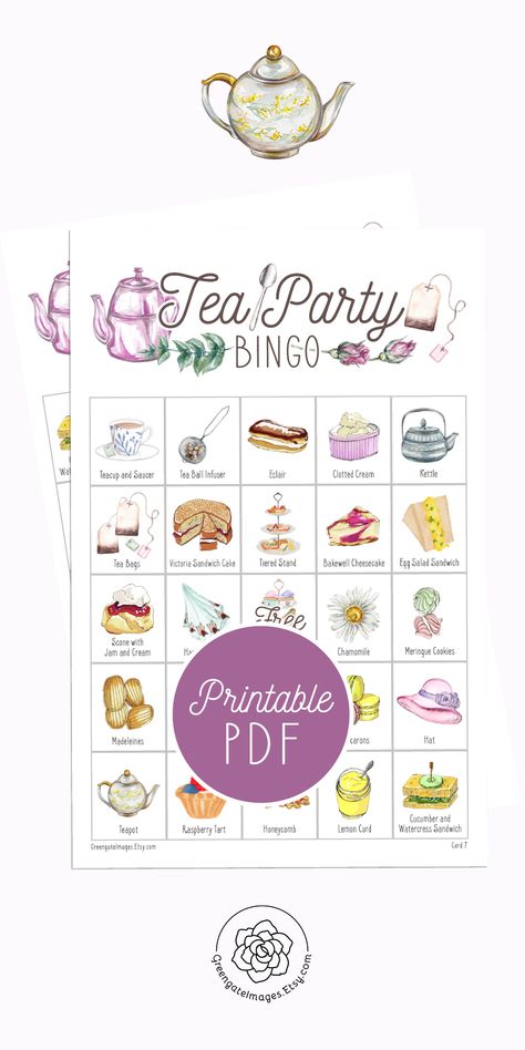 #greengateimages #bingo #printablebingo #teaparty #teapartybingo #50cardbingo #britishbakingshow #gbbo #teapartyideas #teapartybridalshower #teatime #ladiestea #hightea #teapartygame #teapartyactivities #teapartyprintables Tea Party Bingo, Watercress Sandwich, Victoria Sandwich Cake, Senior Center Activities, British Baking Show, Tea Party Games, Raspberry Tarts, Bingo Cards Printable, British Bake Off