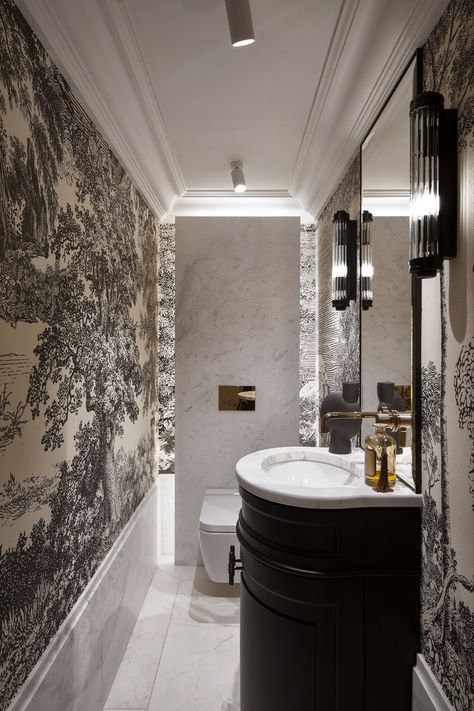 Parisian Guest Bathroom, Creative Powder Room Ideas, Old Money House Bathroom, Funky Powder Room Ideas, Tile And Wallpaper Bathroom, Moody Bathroom Wallpaper, Wallpaper Powder Bath, Bathroom Tapestry, Retro Powder Room