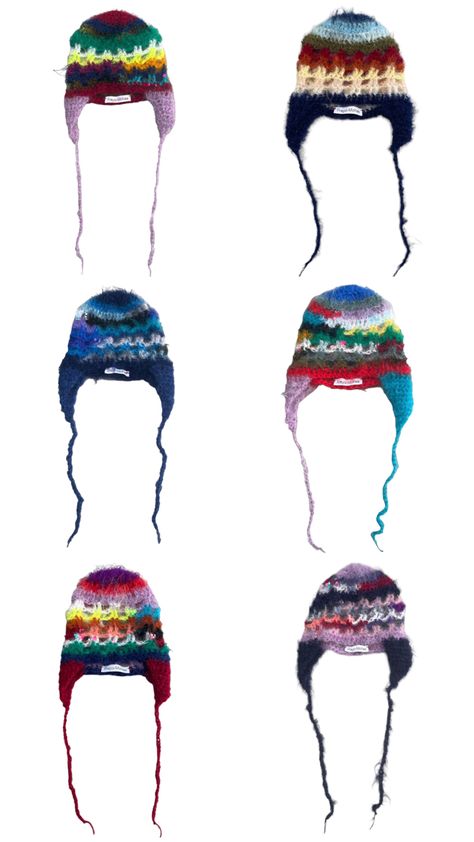 Small independent designer fashion styling ribbons inspo winter mohair knit crochet hat bonnet Crochet Hat Ears, Freya Mckee, Crochet Ear Flap Hat, Crochet Hat Ideas, Hand Knitting Diy, Funky Hats, Knitting Hat, Ear Flap Hats, Scrap Yarn