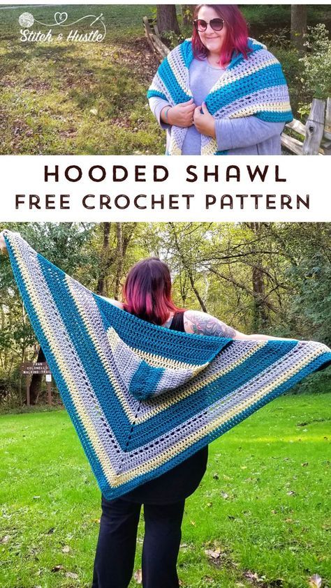 Woodward Hoodie Shawl - free crochet pattern and chart from Stitch & Hustle Crochet Cowl Shawl Pattern Free, Hooded Crochet Shawl, Simple Crochet Shawl Pattern, Free Crochet Patterns Shawl, Crochet Shawl Pattern Free Triangles, Crochet Shawl Pattern Free Easy Simple, Triangle Shawl Crochet Pattern Free, Easy Crochet Wrap, Shawl With Hood