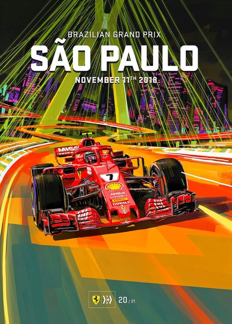 2018 Brazil GP  - Scuderia Ferrari's  dramatic poster for the Brazilian Grand Prix features Kimi Räikkönen powering his SF71H Ferrari around the Interlagos circuit at the penultimate race of the 2018 Formula season. Artwork by Cristiano Spadoni - #F1 #Formula1 #BrazilGP #Interlagos #ScuderiaFerrari #SF71H #ForzaFerrari #KimiRaikkonen #Kimi7 Auto Racing Art, Race Poster, Vintage Racing Poster, Brazilian Grand Prix, Grand Prix Posters, Ferrari Poster, F1 Poster, Nascar Race, Racing Art