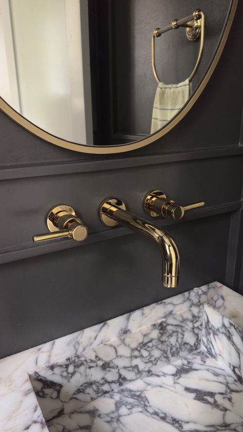 Gold Hardware for Moody Powder Room Jamie Rose Interiors, Modern Organic Powder Room, Moody Powder Bath, Amber Interiors Bathroom, Marble Sink Powder Room, Dark Powder Room, Powder Room Inspiration, Modern Organic Bathroom, Moody Powder Room