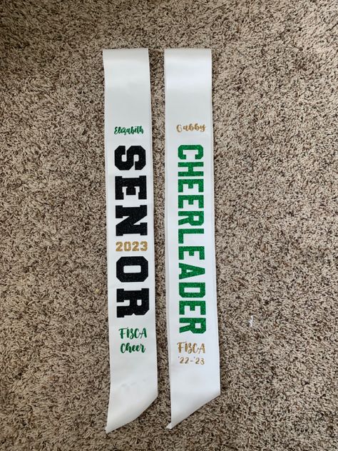 Cheer Sashes Senior Diy, Cheer Sash, Cheerleading Fundraiser, Senior Sash, Senior Night Posters, Cheer Workouts, Graduation Party Diy, Spirit Gifts, Cheer Coaches