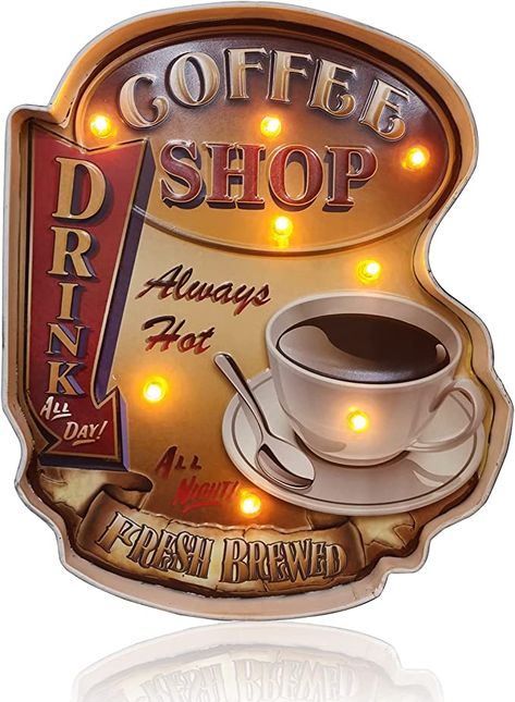 Amazon.com : Coffee Metal Handmade Wall Hanging, ACECAR Coffee Wall Decor Light Up Sign, Vintage Cafe Tin Home Wall Decor : Home & Kitchen Metal Coffee Sign, Tin Decor, Coffee Wall Decor, Apartment Decoration, Coffee Wall, Wall Decor Lights, Light Up Signs, Vintage Cafe, Cafe Wall