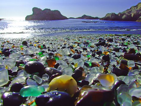 Glass Beach, Northern California ... Over the next several decades, the pounding waves cleaned the beach by breaking down everything but glass turning the sand into a sparkling, multicolored bed of smooth glass stones... Sea Glass Beach California, Glass Beach California, Fort Bragg California, Glass Beach, Fort Bragg, Sea Glass Beach, Beach Wallpaper, Beaches In The World, Beach California