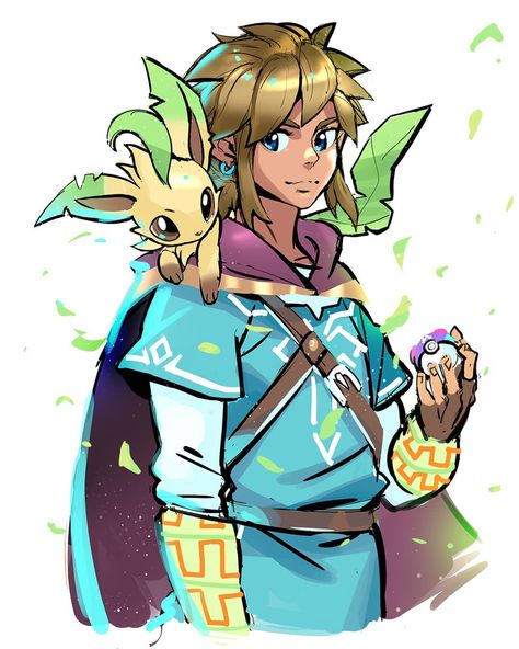 Legend of Zelda Breath of the Wild / Pokémon game crossover art > Link and Leafeon > Eeveelution > botw | moxie2d Zelda Pokemon, Crossover Art, Pokemon Crossover, Y Image, Fan Drawing, Wild Pokemon, Nintendo Sega, Zelda Breath Of The Wild, Pokemon Party