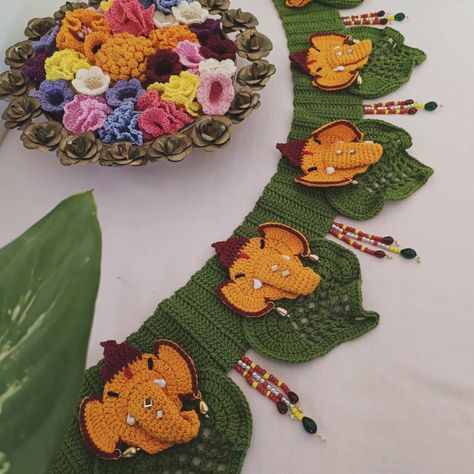 Divine Decor ! . . . Shop link in bio or Dm ! [Crochet Bandarwal, Crochet Toran, Crochet Temple Decor, Crochet Design, Crochet Home Decor] Crochet Toran, Diwali Ideas, Crochet Curtain Pattern, Crochet Macrame, Door Hanging Decorations, Temple Decor, Ganpati Decoration Design, Diwali Decor, Design Crochet