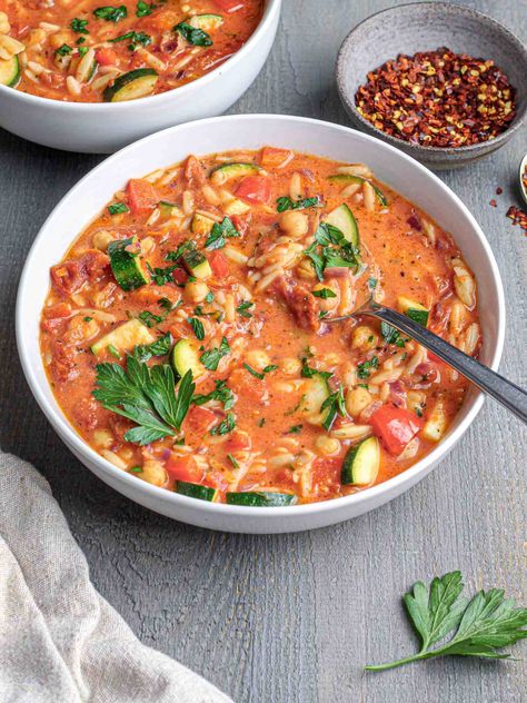 Chickpea & Orzo Vegetable Soup - Munchmeals by Janet Munchmeals By Janet, Chickpea Orzo, Vegetable Noodle Soup, Can Crushed Tomatoes, Vegan Vegetable Soup, How To Cook Orzo, Vegetable Noodles, Flavorful Vegetables, Plant Based Cookbook