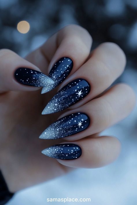 Sparkly Winter Nails Acrylic, Jack Frost Nails, New Years Stilleto Nails, Winter Nails 2024 Trends Acrylic Almond, Yule Nails Winter, Tip And Dip Nails, Christmas Nail 2024, Gothic Winter Nails, Winter Nail Designs 2024