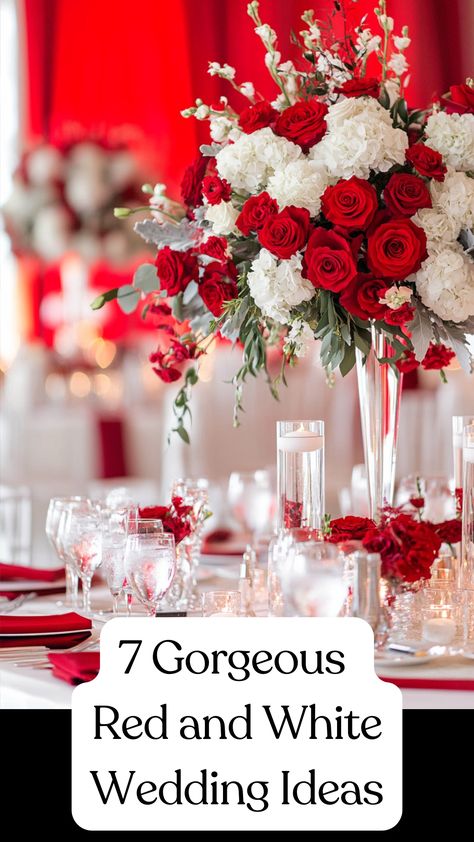 A beautiful red and white wedding setup featuring elegant décor, flowers, and table settings, perfect for an unforgettable celebration. Red And White Roses Centerpieces, Red And White Wedding Bouquets, Red Theme Wedding Decor, Wedding Red Theme, Red And White Wedding Theme, Wedding Decor Red Roses, Red And White Wedding Ideas, Traditional Wedding Theme, Red Rose Wedding Theme