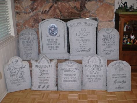 Prop Showcase: Madame Leota's finished tombstones for 2010! Halloween Forum member 2010 Halloween, Haunted Mansion Decor, Disney Halloween Decorations, Haunted Mansion Halloween, Halloween Forum, Halloween Tombstones, Nightmare Before Christmas Halloween, Disney Haunted Mansion, Halloween Displays