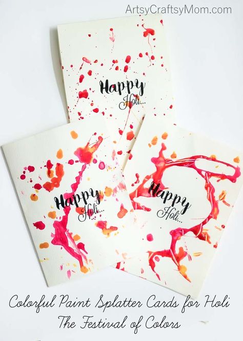 Colorful Paint Splatter cards for Holi - The Festival of Colors. Indulge in some pre-Holi fun by splashing colors on paper! Gorgeous, open-ended & each, unique. Holi Painting, Around The World Crafts For Kids, Crafts From Around The World, Holi Theme, New Year Kids, Quotes New Year, Diwali Crafts, Holi Gift, Holi Festival Of Colours