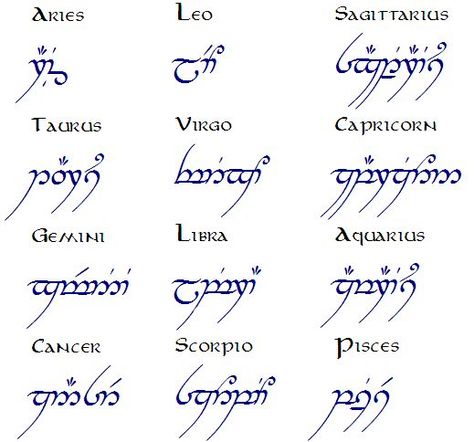 Zodiac in elvish                                                                                                                                                                                 Más Star Sign Symbols Tattoo Ideas, Elven Script Tattoo, Tolkien Tattoo Elvish, Elfish Tattoo, Lotr Elvish Tattoo, Tengwar Tattoo, The Hobbit Tattoos, Lotr Tattoo Elvish, Lotr Symbols