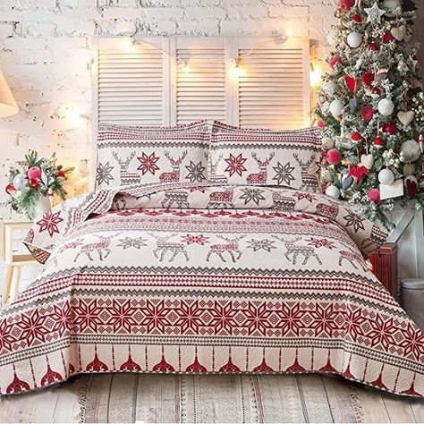 Ycosy Christmas Bedspread Coverlet Queen Size Christmas Quilt Reindeer Bedding Set Lightweight Reversible Red Grey Strip Quilt Bedspread Christmas Lodge Coverlet Snowflake Lantern Decor White Lantern Christmas Decor, Reindeer Quilt, Soft Comforter Bedding, Christmas Pixel, Deer Quilt, Bed Coverlet, Christmas Duvet Cover, Flower Bedding, Christmas Bedding