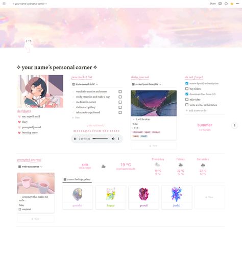 Aesthetic Pink Notion Template (mostly focused on journaling) : Notion Pink Notion Template, Student Notion Template, Notion Layout, Pink Notion, Notion Inspiration, Notion Board, Notion Setup, Notion Template Ideas, Notion Ideas