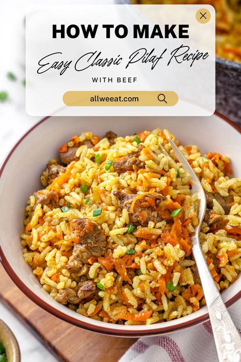 🍛🥩 Try this Easy Classic Pilaf Recipe with Beef for a hearty and flavorful meal! Tender beef, perfectly cooked rice, and aromatic spices come together in this traditional dish that's perfect for family dinners or meal prep. Simple to make and ready in under an hour, this one-pot recipe will become a staple in your kitchen. 🌟 #PilafRecipe #BeefDinner #OnePotMeals #ComfortFood #EasyRecipes #FamilyDinner #MealPrepIdeas Beef Pilaf Rice Recipe, Beef Rice Pilaf, Rice Pilaf Recipe Easy, Pilaf Rice Recipe, Meal Prep Simple, Recipes Using Rice, Recipe With Beef, Rice Pilaf Recipe, Pilaf Recipe