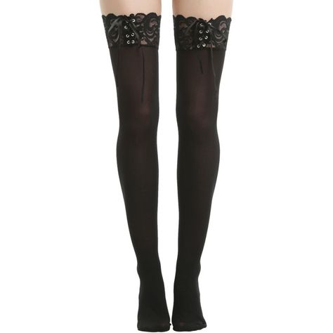 Hot Topic Blackheart Black Lace-Up Thigh Highs (220 MXN) ❤ liked on Polyvore featuring intimates, hosiery, tights, black, front lace up corset, corset stockings, lace corset, lace up thigh high stockings and lace tights Thigh High Socks Outfit, High Socks Outfits, Lace Ankle Socks, Thigh High Tights, Thigh High Sock, Corset Lacing, Lace Stockings, Black Thigh High, Lace Up Corset