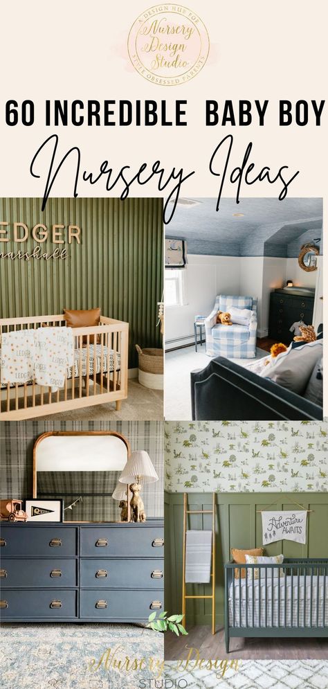 Nursery With No Windows, Boy Nursery With Wallpaper Accent Wall, Nursery Ideas Curtains, Olive Green And Blue Nursery, Sage And Black Nursery, Navy Blue And Sage Green Nursery, Boy Crib Ideas, Nursery Ideas Adventure, Baby Boy Animal-themed Nursery Ideas