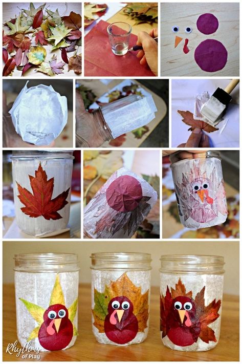 Leaf Lantern Craft, Leaf Luminaries, Easy Diy Thanksgiving Decorations, Thanksgiving Centerpieces Diy, Crafts Thanksgiving, Leaf Lantern, Thanksgiving Turkey Craft, Thanksgiving Crafts Diy, Mason Jar Lanterns