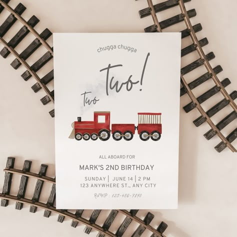 Train Two Year Old Party, Train Themed Two Year Old Birthday, Train Theme Birthday Party Invitations, Chugga Chugga Two Two 2nd Birthday Invitations, Train Birthday Party Invitations, Train Invitation, Kids Training, Trains Birthday Party, Train Birthday