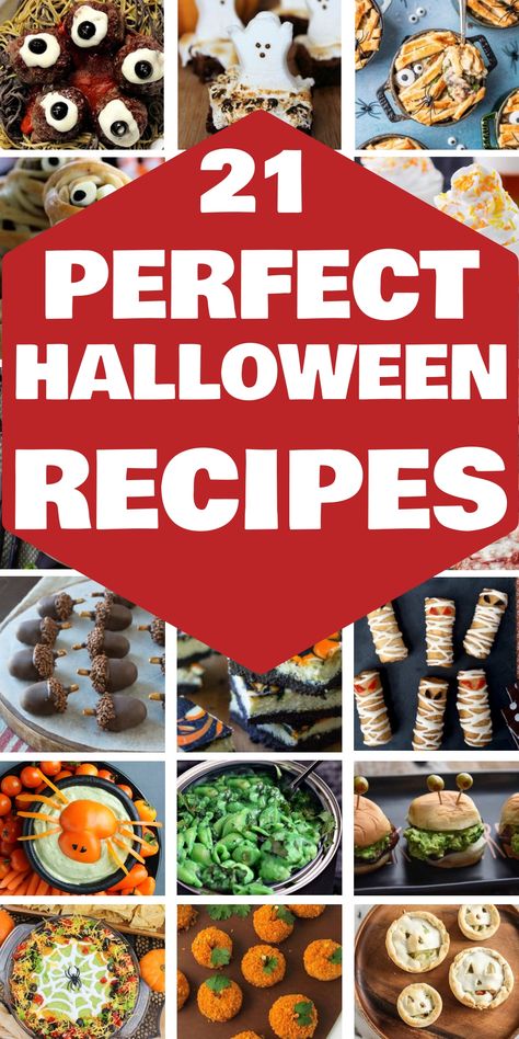 21 perfect Halloween recipes in a collage with spooky-themed foods. Easy But Impressive Dinner, Spooky Halloween Dishes, Halloween Main Dish, Halloween Dinner Recipes, Party Main Dish, Halloween Cheesecake, Halloween Themed Snacks, Homemade Pita Chips, Halloween Food Dinner