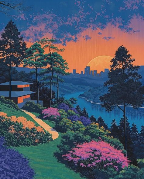 clubretroscapes Steam Profile Background, Retro Scenery, Blue Scenery, Hiroshi Nagai, Dream Scape, Japanese Pop Art, Artsy Aesthetic, Vaporwave Art, Retro Artwork