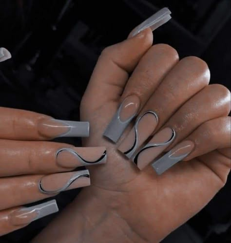 Grey French Nails Tips, Grey French Tip Acrylic Nails, Black White And Grey Nails, Cute Grey Nails, Gray French Tip Nails, Dark Grey Nails, Gel Powder Nails, Swirl Nail, Grey Acrylic Nails