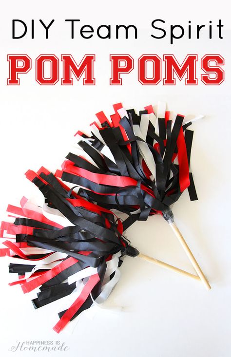 Quick and easy DIY pom poms are the perfect way to cheer on your favorite sports team and show your team spirit! Great for kids and adults alike! Sports Themed Vbs Lessons, Tailgate Party Decorations Diy, Chiefs Activities For Kids, Diy Tailgate Decorations, Sport Arts And Crafts For Kids, Basketball Crafts For Team, Tailgate Games For Kids, Team Mom Ideas Football, Kids Tailgate Party