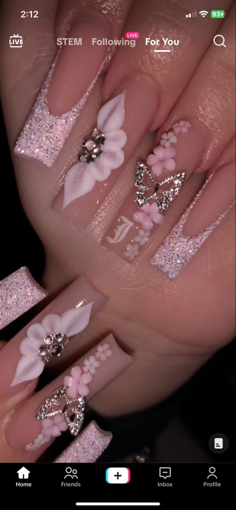 Simple But Extra Nails, Quinceanera Nails Butterfly, Quince Nails Rose Gold Butterfly, Blush Pink Nails Quincenera, Quinceanera Rose Gold Nails, Pink Quince Nails Butterfly, Enchanted Forest Nails Pink, Back To School Nails Long Square, Rose Gold Nails Quinceanera