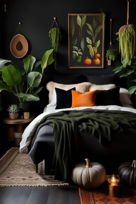 Captivating Dark Boho Bedrooms to Adore Apartment Manifestation, Dark Bohemian, Dark Boho, Vibrant Living Room, Basement Living, Dark Bedroom, Bedroom Decor Inspiration, Elegant Bedroom, Bedroom Green