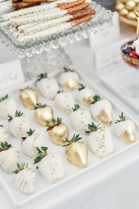 Gold And White Treats, White Dessert Table Wedding, Gold Dipped Strawberries, White Wedding Desserts, White Gold Dessert Table, White And Gold Dessert Table, Wedding Treats Table, Gold Desserts, Wedding Dessert Display