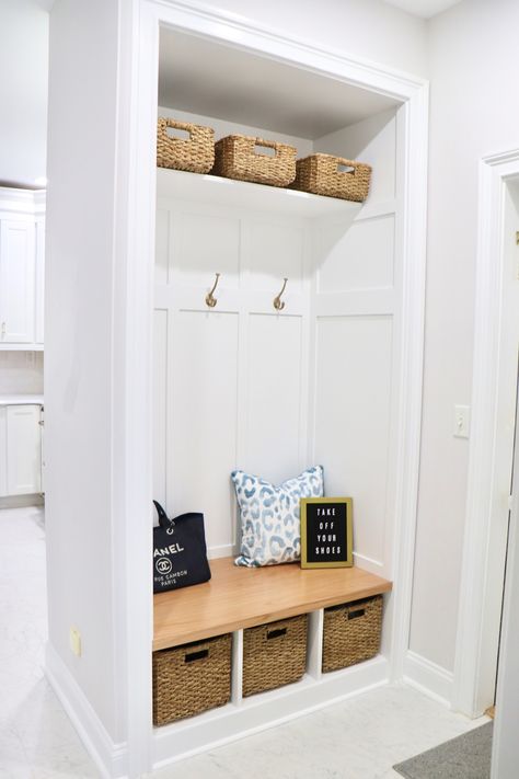 Closet Turned Mudroom · Home · Design - Glambytes Coat Rack Closet, Front Entry Coat Rack Ideas, Shoe Closet Organization Entry Ways, Entry Way Into Kitchen, Turning A Closet Into A Mudroom, Coat Closet Turned Mudroom, Coat Rack Entryway Small Spaces, Shoe Closet Entryway, Entry Coat Rack Ideas