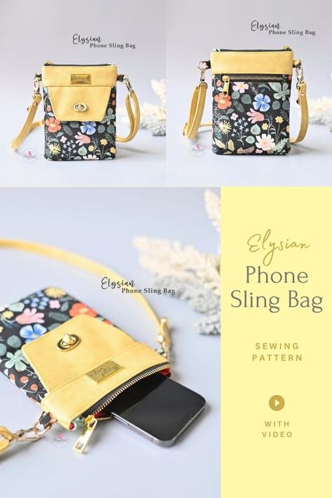 Cell Phone Sling Bag Diy, Diy Crossbody Phone Case, Cell Phone Bag Pattern Free Sewing, Diy Phone Pouches, Sling Bag Sewing Pattern, Sling Bag Diy, Crossbody Bag Sewing Pattern, Phone Purse Pattern, Phone Bag Diy