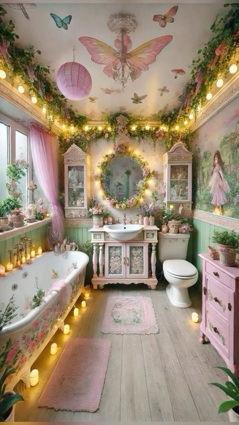 Fairy Esthetician Room, Fairycore Home Aesthetic, Pink Cottagecore Bathroom, Fairycore Interior Design, Fairycore House Interior, Fairycore Interior, Fairy Garden Bathroom, Windows Over Sink, Fairycore House