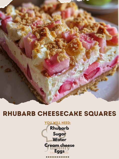 🍓 Savor the tang of spring with our Rhubarb Cheesecake Squares—sweet, tart, and absolutely irresistible! 🍽️ Rhubarb Cheesecake Squares 🛒 Ingredients: Rhubarb: 3 cups, chopped Sugar: 1 cup Water: 1/4 cup Cream cheese: 16 oz Eggs: 2 Vanilla extract: 1 tsp Graham crackers: 2 cups, crushed Butter: 1/2 cup, melted 👩‍🍳 Instructions: Base: Mix crushed graham crackers with butter, press into pan. Filling: Blend cream cheese, sugar, eggs, vanilla until smooth. Rhubarb Topping: Cook rhubarb with su... Rhubarb Cheesecake Squares, Rhubarb Cheesecake, Cheesecake Squares, Sweet Tart, Sugar Eggs, Rhubarb, Graham Crackers, 2 Cups, Vanilla Extract