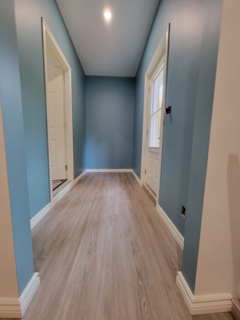 Blue Hallway, Corridor Lighting, Corner Fireplace, Blue Walls, Hallway, Fireplace, Light Blue, Wall, Blue