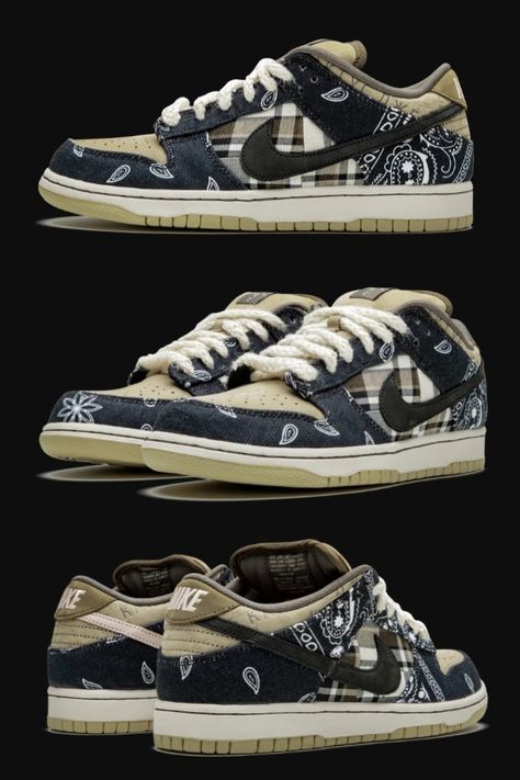 The Travis Scott x Nike SB Dunk Low is the rap superstar’s first collaboration with Nike’s skate imprint on the revered Dunk model. Scott, a fan and collector of coveted Dunks from the shoe's mid-aughts heyday, previously teased his Nike SB collaboration during his “JACKBOYS” video and quickly put the sneaker world on notice. Dark navy blue paisley panels along the heel and forefoot contrast the plaid pattern found on the mid-panel and perforated khaki toe.  #nikeshoes Nike Sb Dunk Low Travis Scott, Travis Scot, Travis Scott Shoes, Nike Travis Scott, Jordan 1 Lows, Dunk Lows, Jordan Outfits, Nike Sb Dunk Low, Men's Outfits